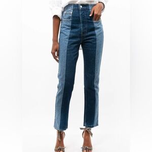 NWT E.L.V. Jeans Women's 26 Blue Twin Straight Leg Raw Hem contrast High Rise